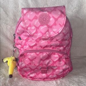 Kipling Queenie Pink Camouflage Hearts Backpack with Yellow Keychain